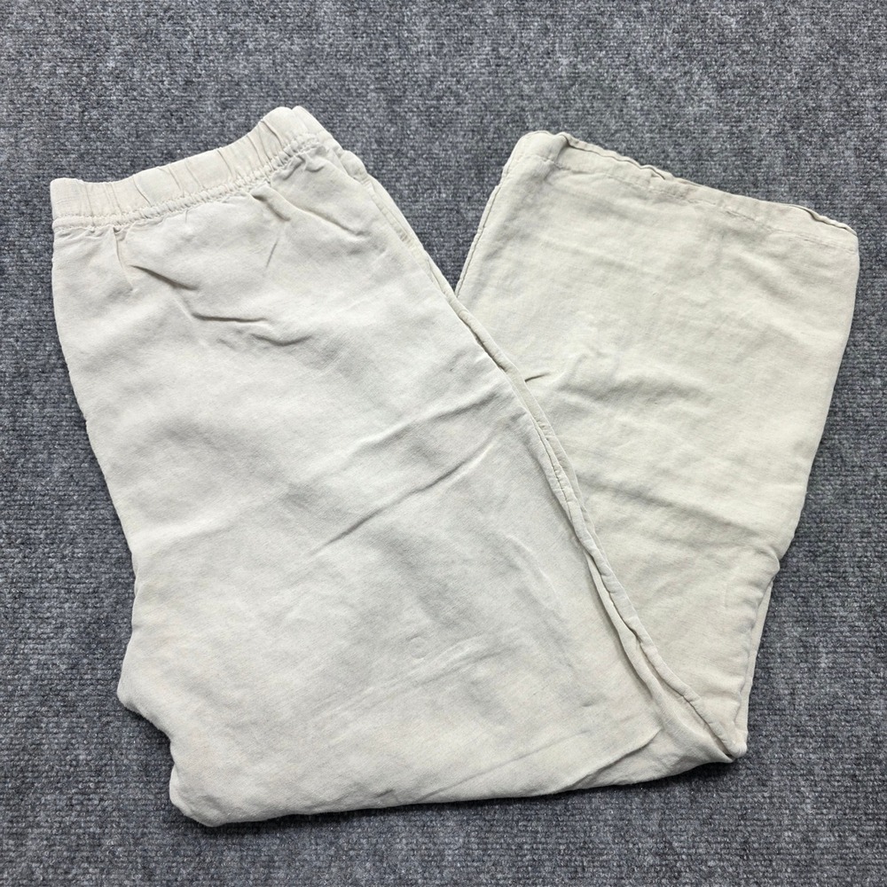 HM Linen Blend Wide Leg Drawstring Pants Beige Oatmeal Melange Large Women's